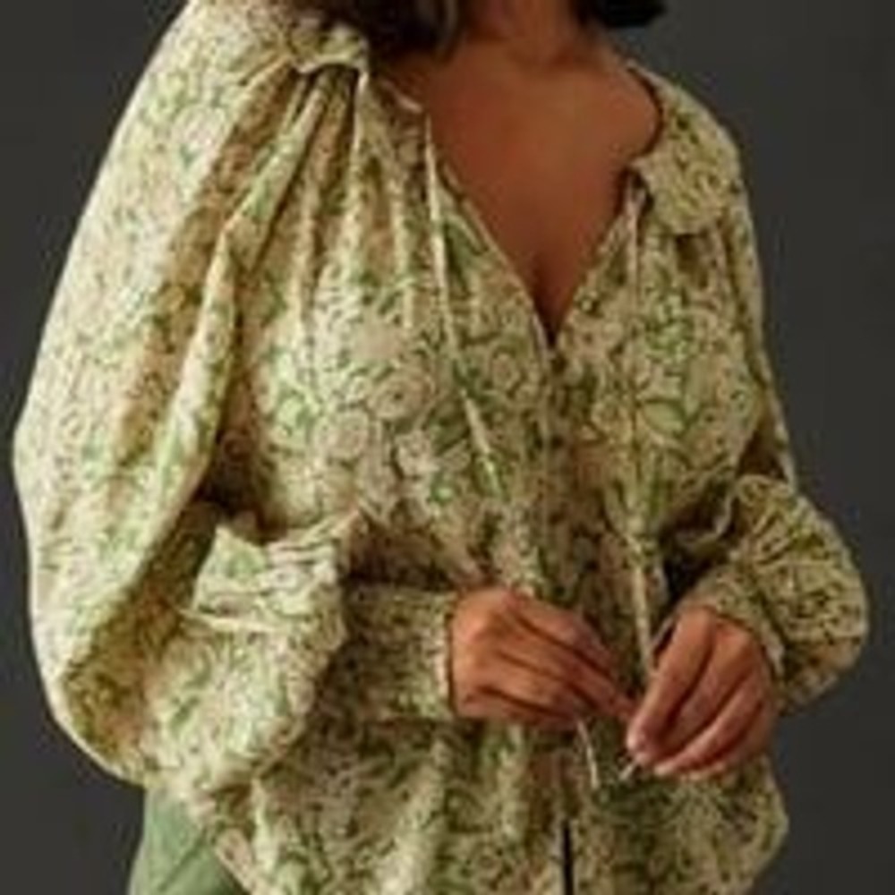 Anthropologie Floral Ruffle Collar Blouse Green Cream Smocked Cuff Top Small